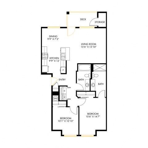 Floor plan for 2 beds, 2 baths, 996 sqft